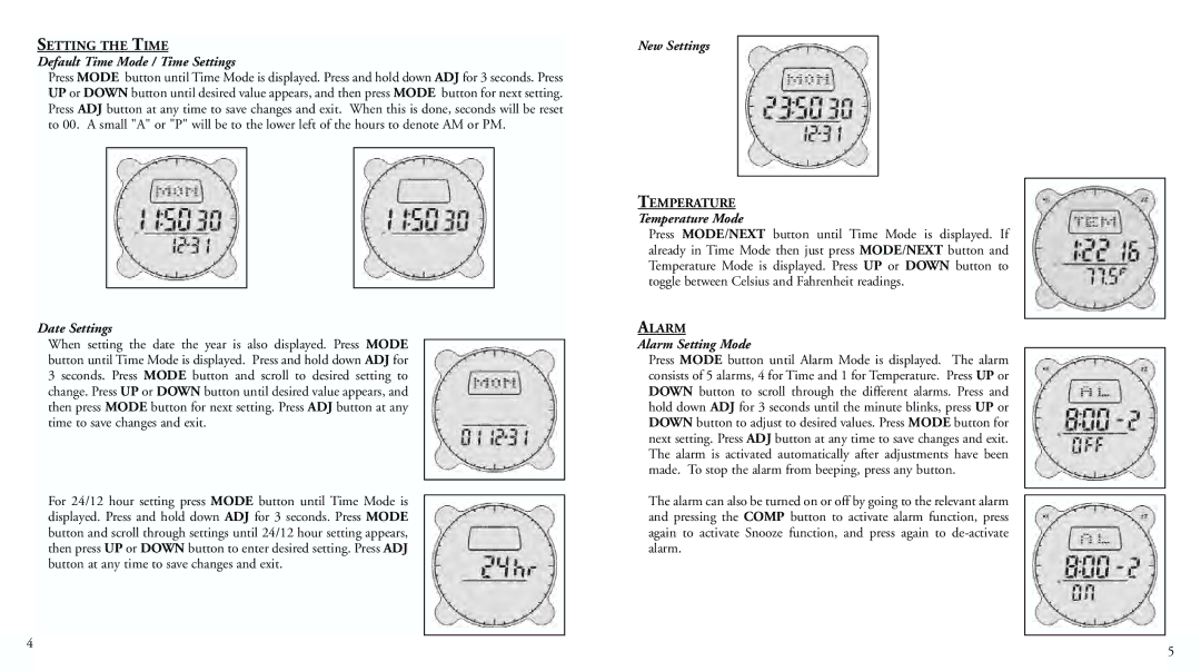 Bushnell 70-0001 Default Time Mode / Time Settings, Date Settings, New Settings, Temperature Mode, Alarm Setting Mode 