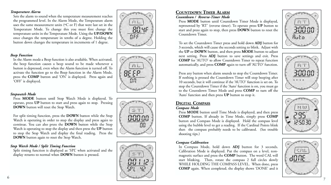 Bushnell 70-0001 Temperature Alarm, Beep Function, Stopwatch Mode, Stop Watch Mode / Split Timing Function, Compass Mode 