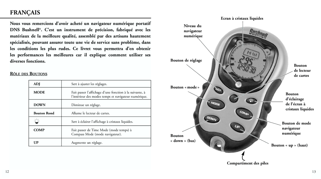 Bushnell 70-0001 instruction manual Bouton « up » haut Compartiment des piles, Rôle DES Boutons ADJ 