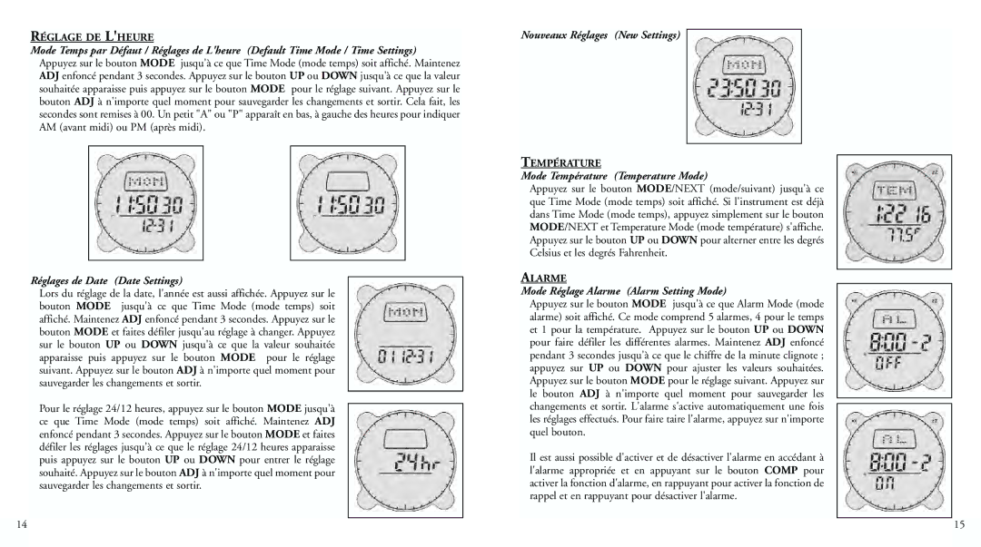 Bushnell 70-0001 Réglages de Date Date Settings, Nouveaux Réglages New Settings, Mode Température Temperature Mode 