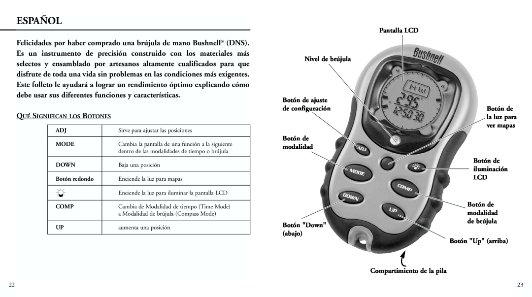 Bushnell 70-0001 instruction manual Español, Nivel de brújula, Pantalla LCD, Botón Up arriba Compartimiento de la pila 