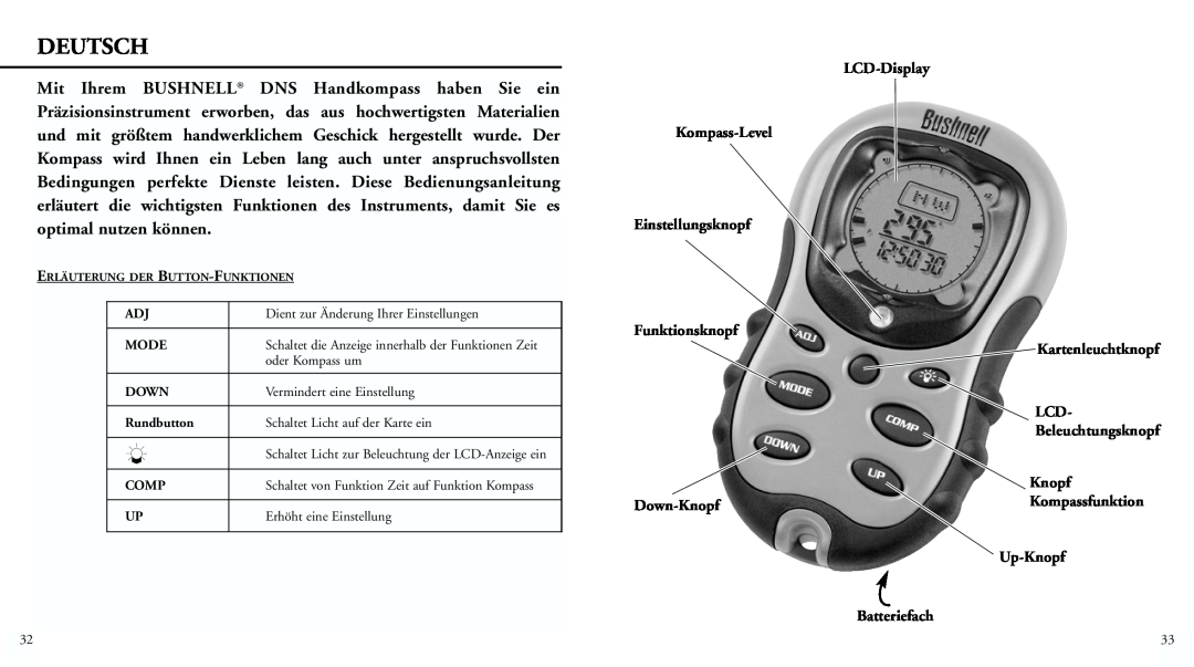 Bushnell 70-0001 Deutsch, Kompass-Level Einstellungsknopf Funktionsknopf Down-Knopf, Kompassfunktion Up-Knopf Batteriefach 