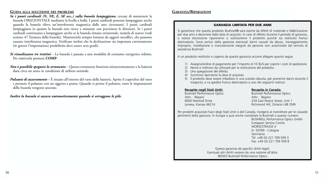 Bushnell 70-0001 instruction manual Guida Alla Soluzione Dei Problemi, Garanzia/Riparazioni, Garanzia Limitata Per Due Anni 