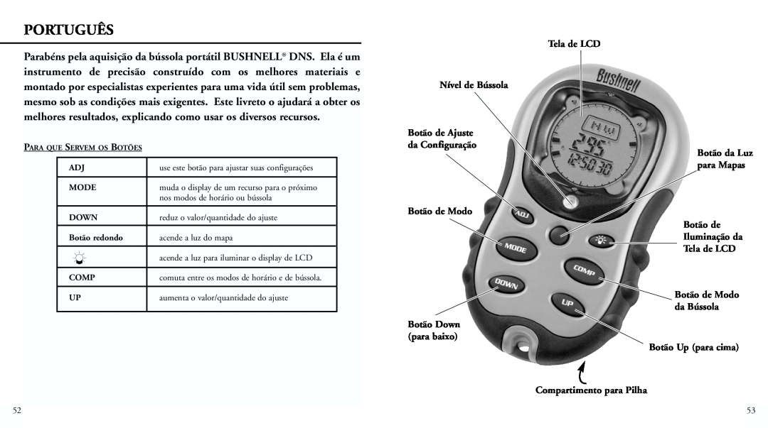 Bushnell 70-0001 instruction manual Português, Tela de LCD Nível de Bússola Botão de Ajuste da Configuração, Botão de Modo 