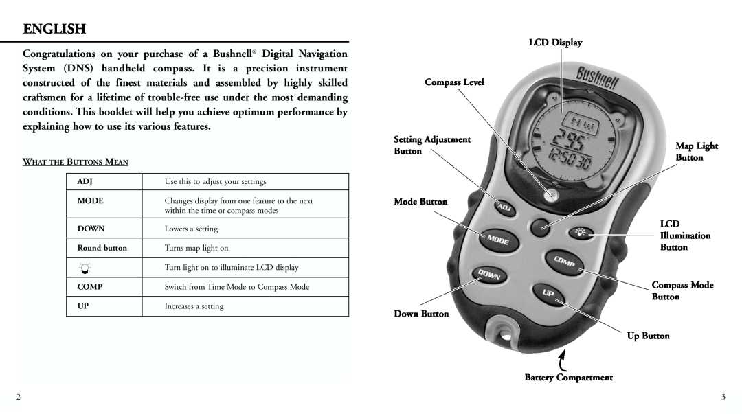 Bushnell 70-0001 instruction manual English, Compass Level, Mode Button Down Button, Button Up Button Battery Compartment 