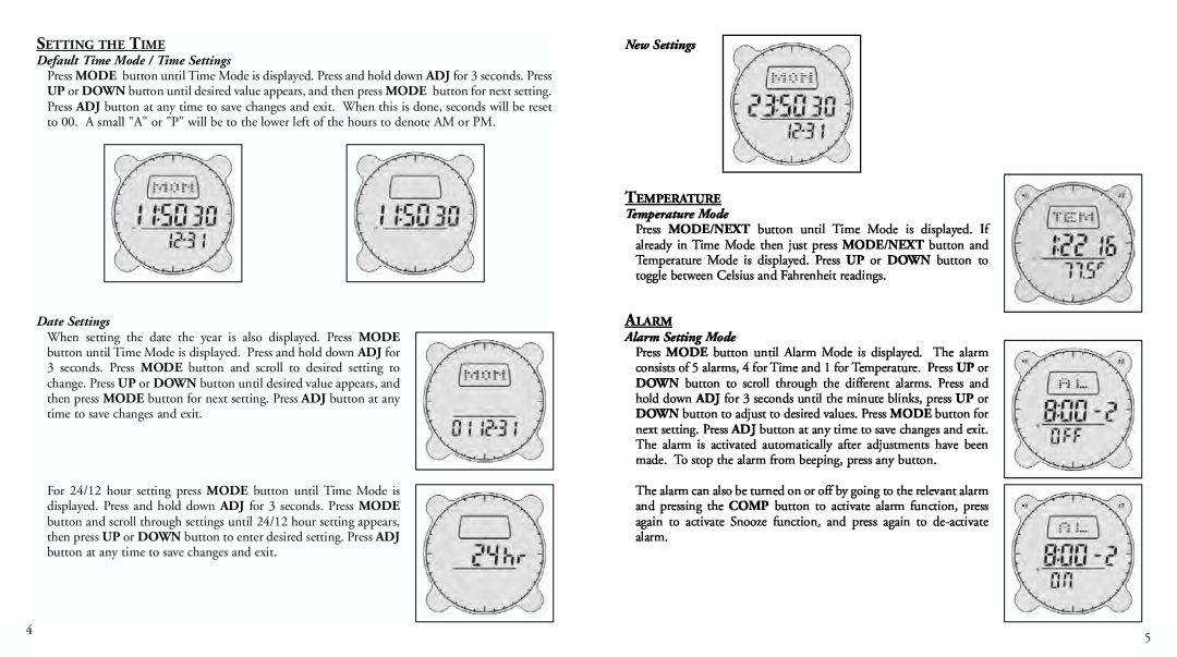 Bushnell 70-0001 Setting The Time, Default Time Mode / Time Settings, Date Settings, New Settings, Temperature, Alarm 