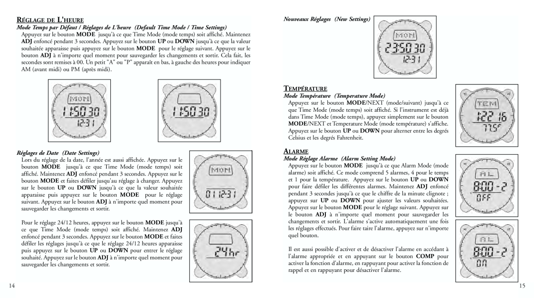 Bushnell 70-0001 Réglage De Lheure, Réglages de Date Date Settings, Nouveaux Réglages New Settings, Température, Alarme 