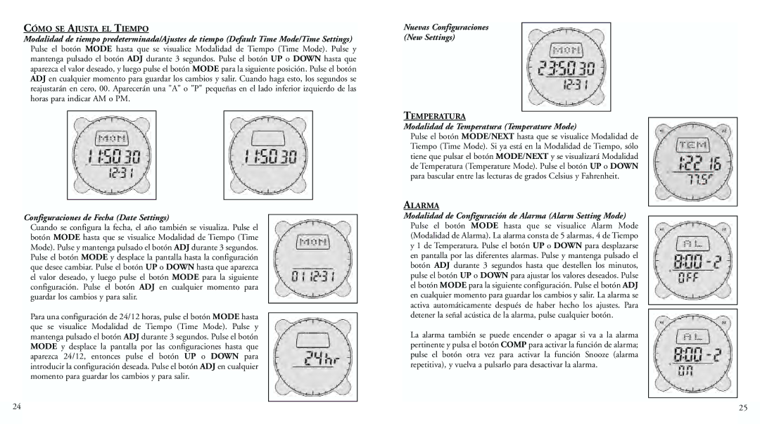 Bushnell 70-0002 instruction manual Cómo SE Ajusta EL Tiempo, Nuevas Configuraciones New Settings, Temperatura, Alarma 