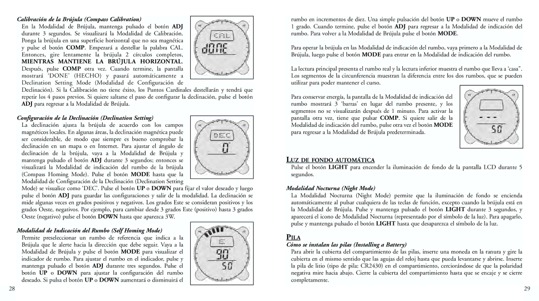 Bushnell 70-0002 Calibración de la Brújula Compass Calibration, Configuración de la Declinación Declination Setting 