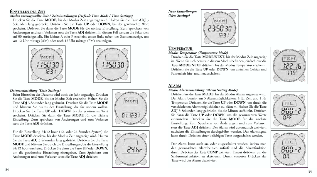 Bushnell 70-0002 instruction manual Datumseinstellung Date Settings, Neue Einstellungen New Settings, Temperatur 