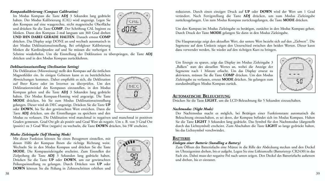 Bushnell 70-0002 instruction manual Kompasskalibrierung Compass Calibration, Deklinationseinstellung Declination Setting 