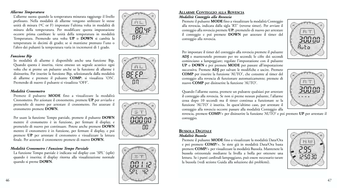 Bushnell 70-0002 Allarme Temperatura, Funzione Bip, Modalità Cronometro / Funzione Tempo Parziale, Modalità Bussola 