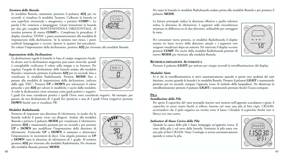 Bushnell 70-0002 Taratura della Bussola, Impostazione della Declinazione, Modalità Radiobussola, Modalità Notte 