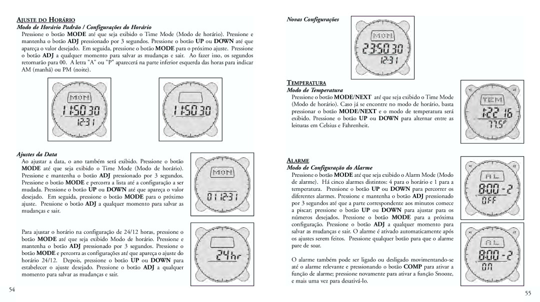 Bushnell 70-0002 instruction manual Modo de Horário Padrão / Configurações do Horário, Ajustes da Data, Novas Configurações 