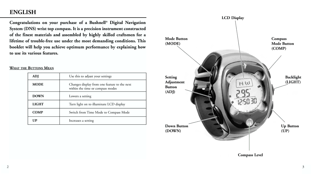 Bushnell 70-0002 instruction manual LCD Display, Mode Button Compass, Setting, Adjustment, Down Button, Compass Level 