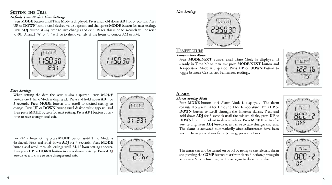 Bushnell 70-0002 Default Time Mode / Time Settings, Date Settings, New Settings, Temperature Mode, Alarm Setting Mode 