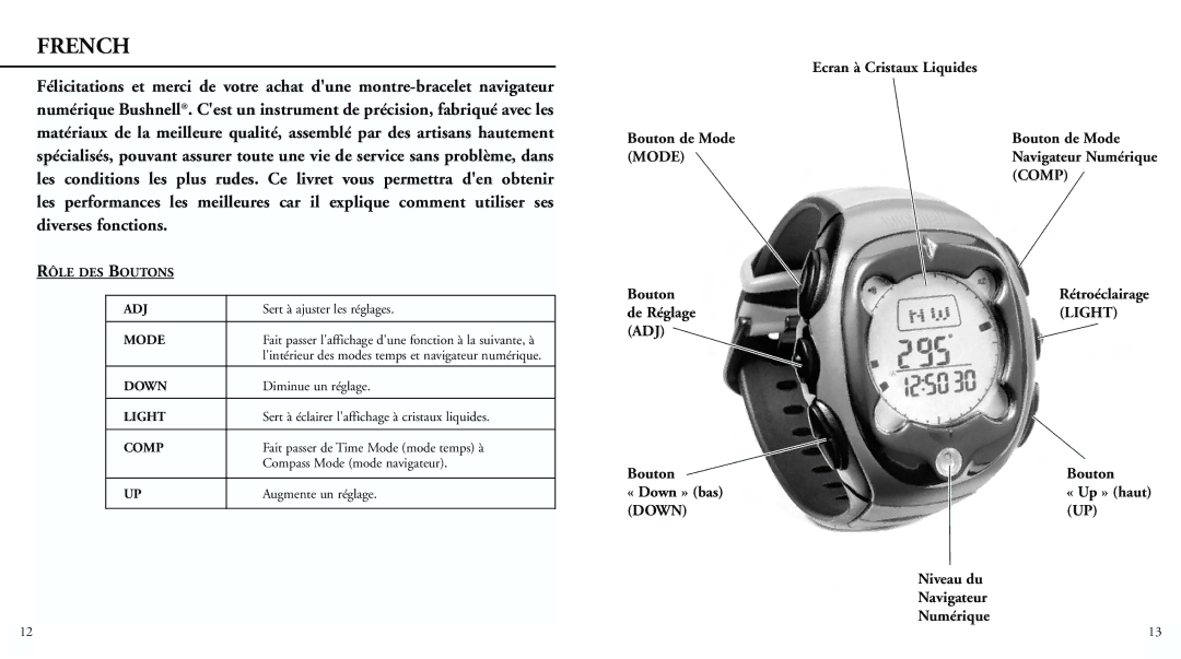 Bushnell 70-0002 instruction manual Ecran à Cristaux Liquides, Bouton de Mode, De Réglage, Bouton « Down » bas 