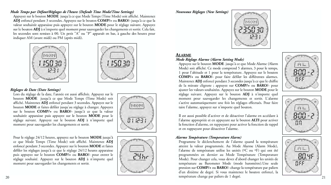 Bushnell 70-0101 instruction manual Réglages de Date Date Settings, Nouveaux Réglages New Settings, Alarme 