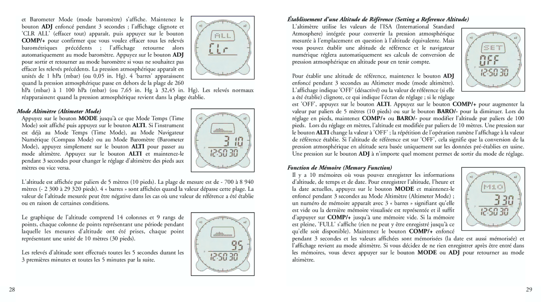 Bushnell 70-0101 instruction manual Mode Altimètre Altimeter Mode, Fonction de Mémoire Memory Function 