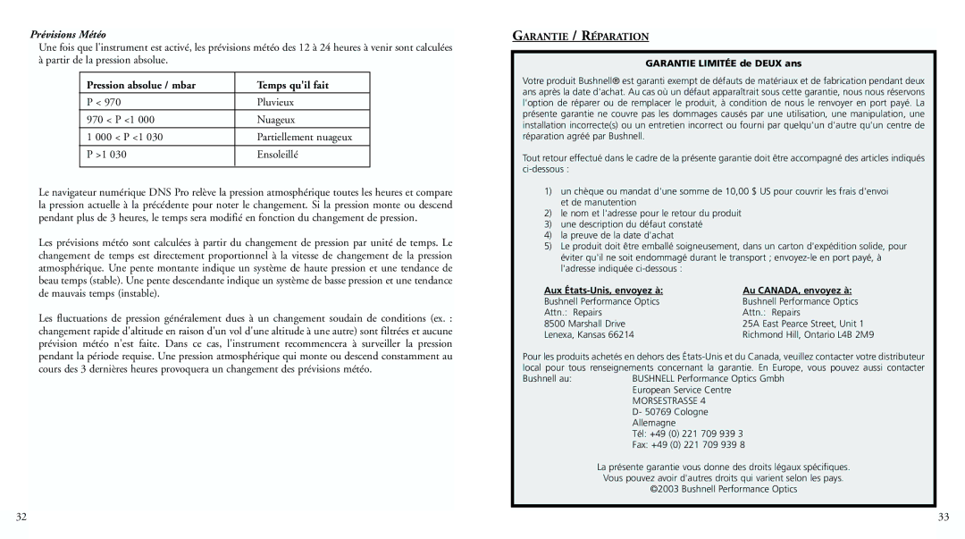 Bushnell 70-0101 instruction manual Prévisions Météo, Garantie / Réparation 