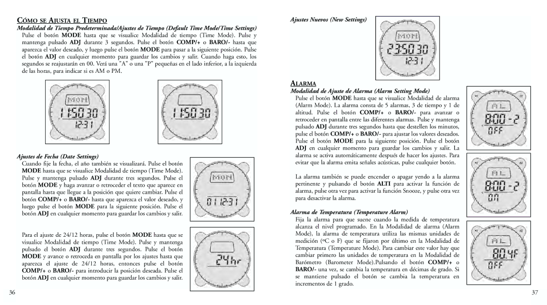 Bushnell 70-0101 Cómo SE Ajusta EL Tiempo, Ajustes Nuevos New Settings, Alarma de Temperatura Temperature Alarm 