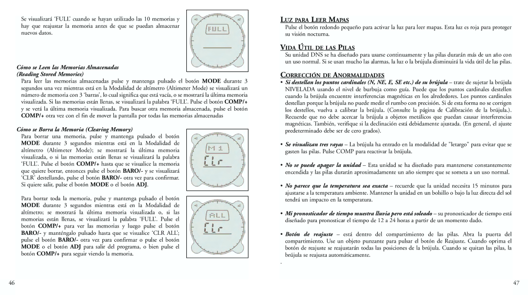 Bushnell 70-0101 instruction manual Cómo se Borra la Memoria Clearing Memory, LUZ Para Leer Mapas, Vida Útil DE LAS Pilas 