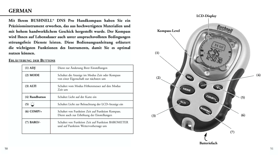 Bushnell 70-0101 instruction manual German, Erläuterung DER Buttons ADJ 