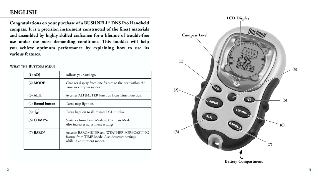 Bushnell 70-0101 instruction manual Adj, Alti, Comp/+, Baro 