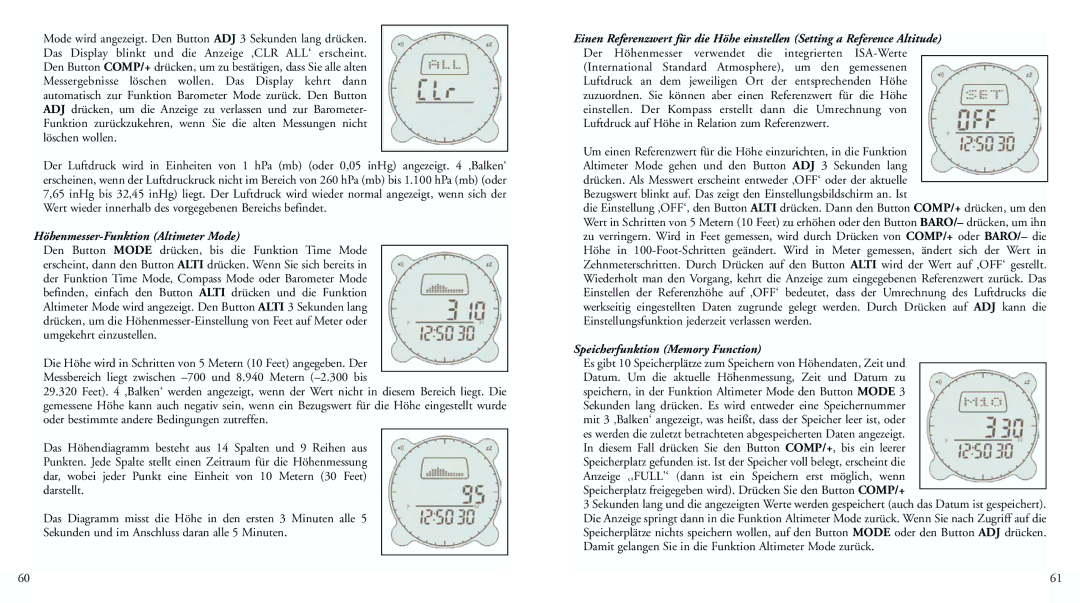 Bushnell 70-0101 instruction manual Höhenmesser-Funktion Altimeter Mode, Speicherfunktion Memory Function 