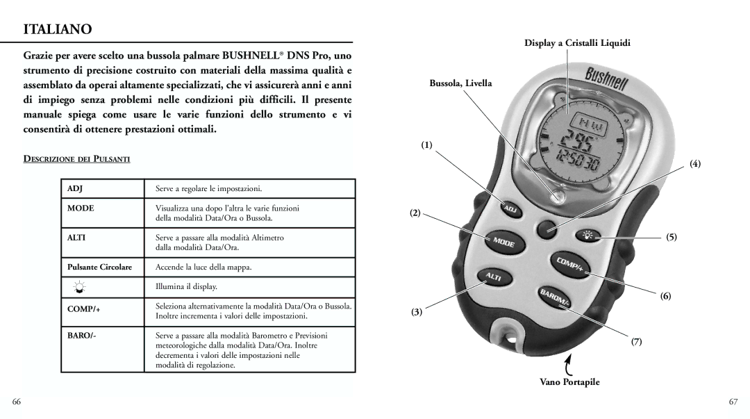 Bushnell 70-0101 instruction manual Display a Cristalli Liquidi Bussola, Livella Vano Portapile 