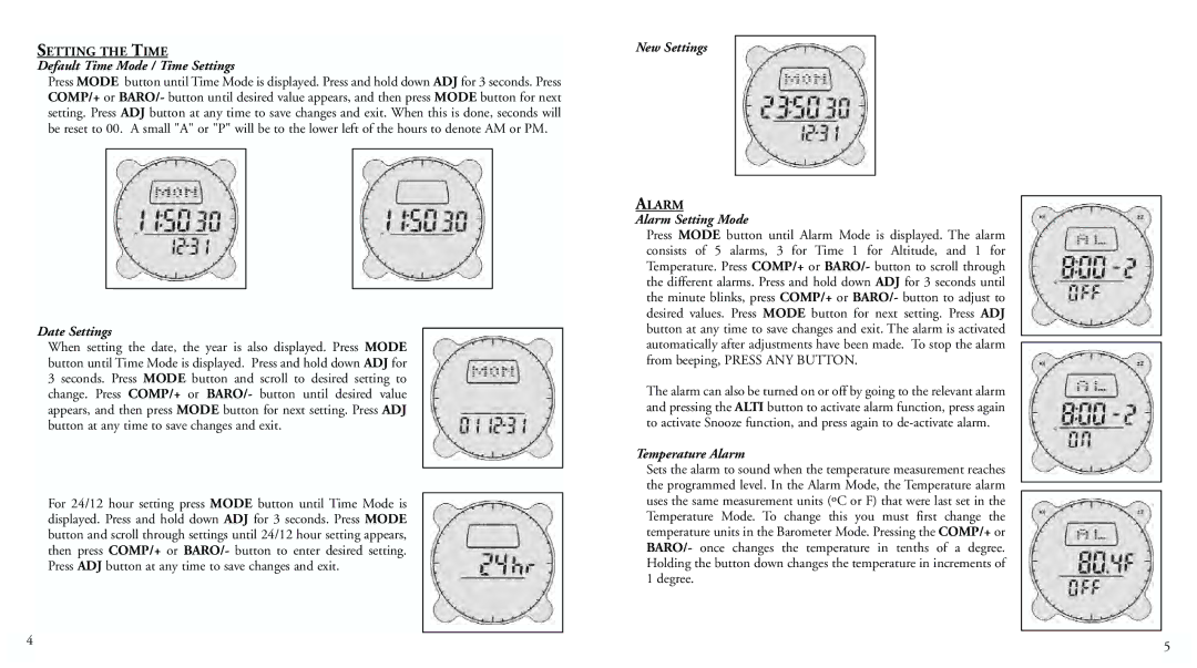 Bushnell 70-0101 Default Time Mode / Time Settings, Date Settings, New Settings, Alarm Setting Mode, Temperature Alarm 