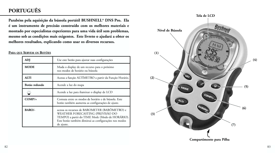 Bushnell 70-0101 instruction manual Tela de LCD Nível de Bússola Compartimento para Pilha 