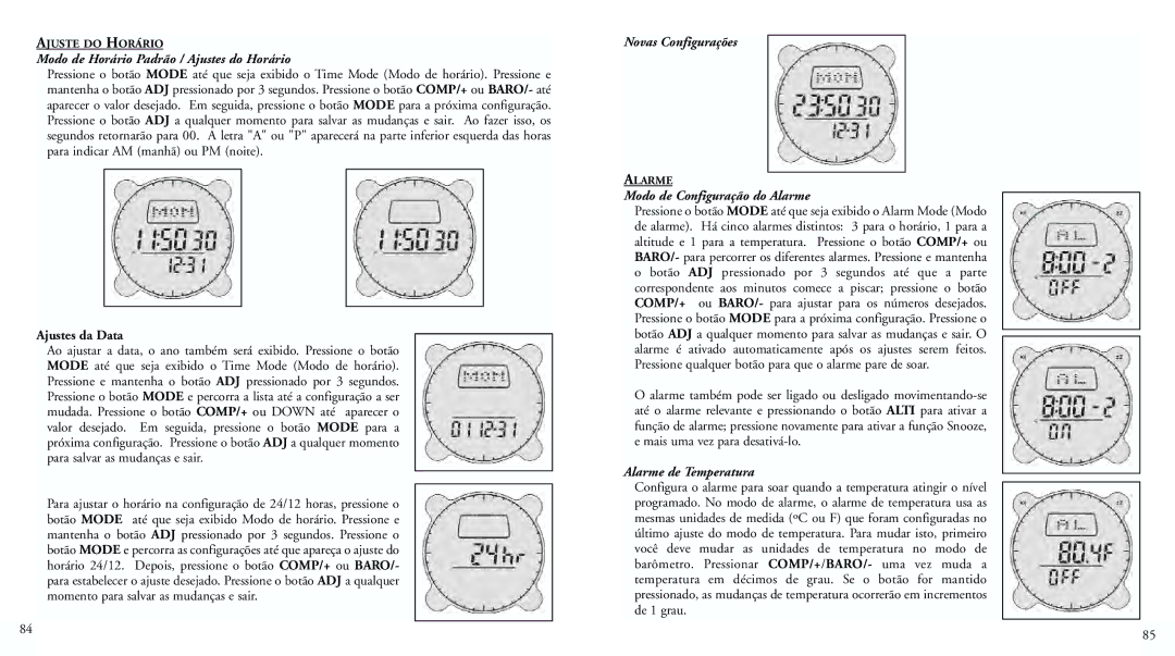 Bushnell 70-0101 Modo de Horário Padrão / Ajustes do Horário, Novas Configurações, Modo de Configuração do Alarme 
