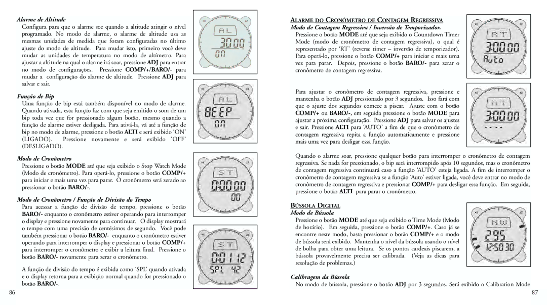 Bushnell 70-0101 Alarme de Altitude, Função de Bip, Modo de Cronômetro / Função de Divisão do Tempo, Modo de Bússola 