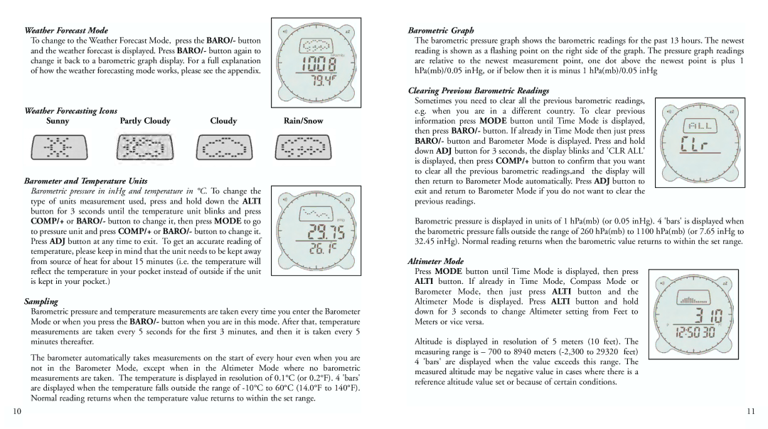 Bushnell 70-0101 Weather Forecast Mode, Barometer and Temperature Units, Sampling, Barometric Graph, Altimeter Mode 