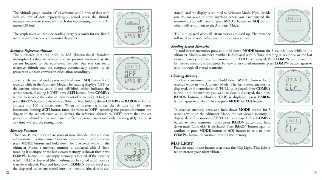 Bushnell 70-0101 Setting a Reference Altitude, Memory Function, Reading Stored Memories, Clearing Memory, MAP Light 