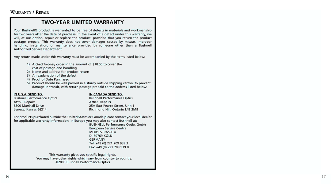 Bushnell 70-0102 instruction manual TWO-YEAR Limited Warranty, Warranty / Repair 