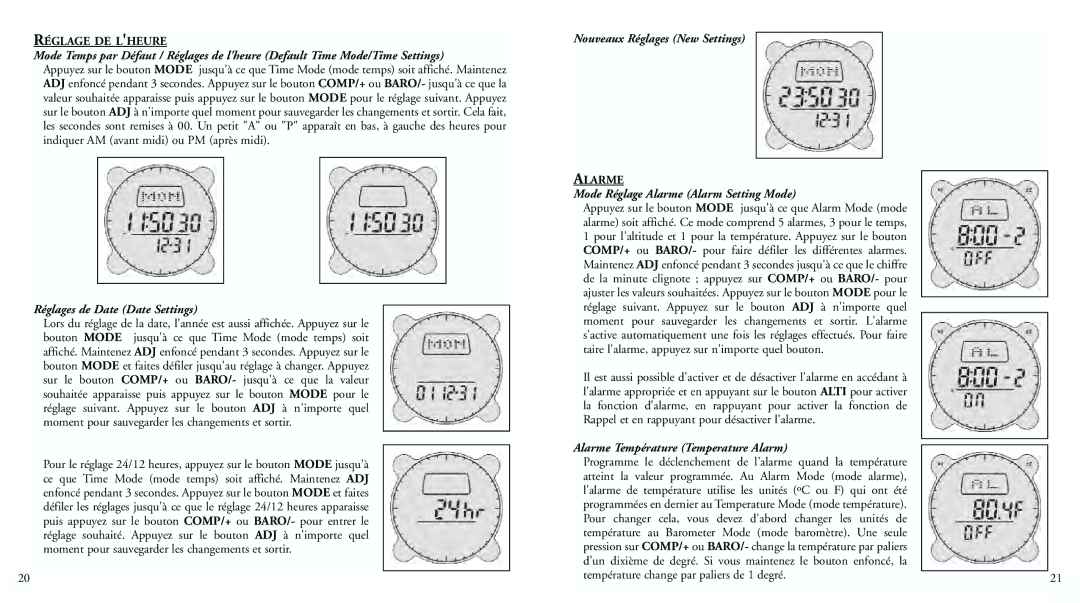 Bushnell 70-0102 Réglages de Date Date Settings, Nouveaux Réglages New Settings, Mode Réglage Alarme Alarm Setting Mode 