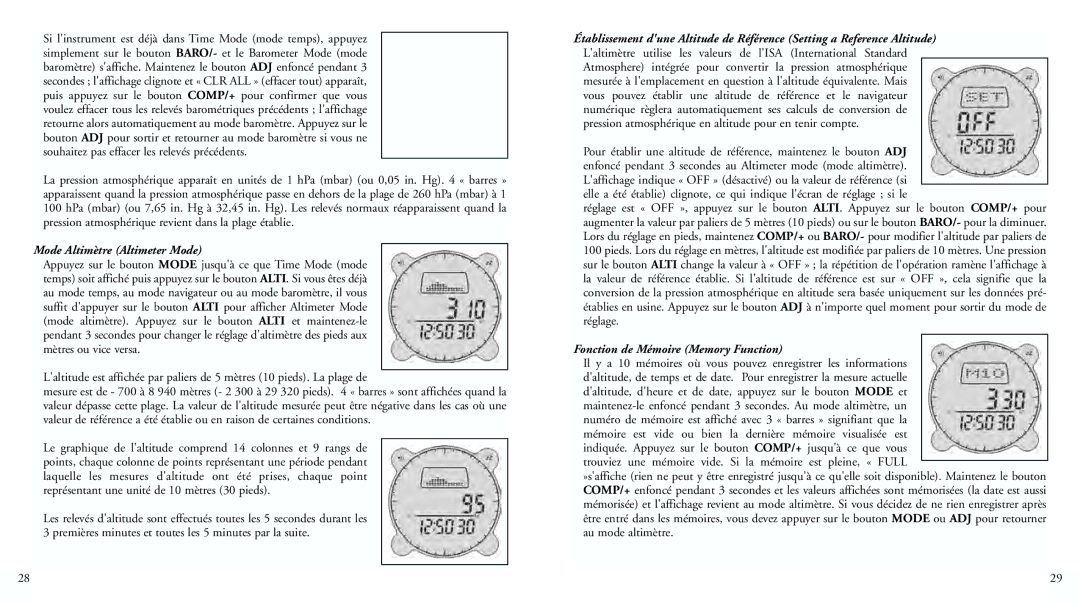 Bushnell 70-0102 instruction manual Mode Altimètre Altimeter Mode, Fonction de Mémoire Memory Function 