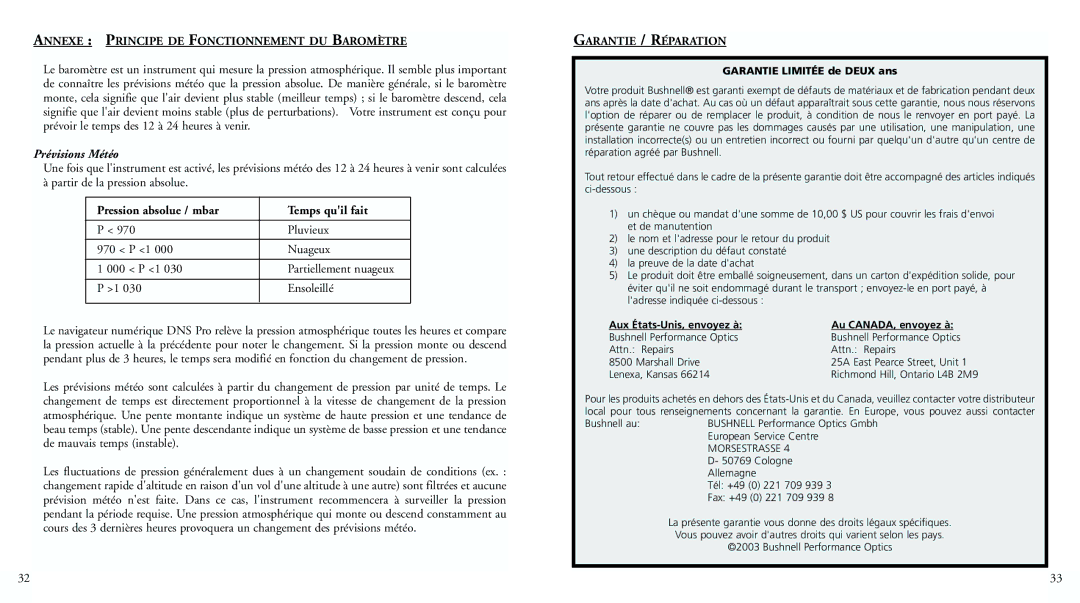 Bushnell 70-0102 instruction manual Annexe Principe DE Fonctionnement DU Baromètre, Prévisions Météo, Garantie / Réparation 