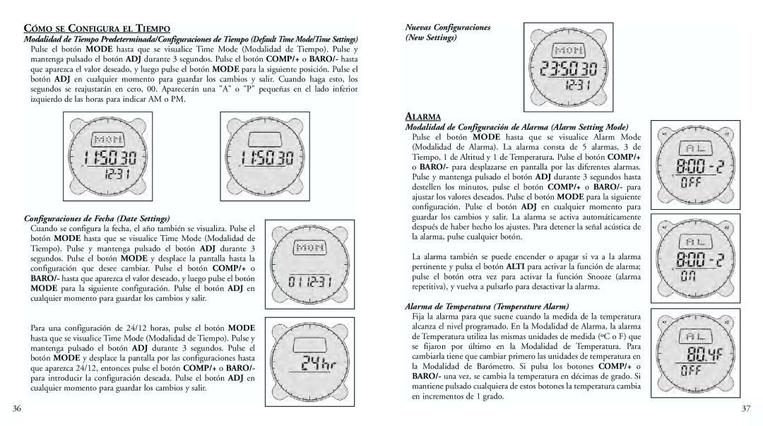 Bushnell 70-0102 instruction manual Cómo SE Configura EL Tiempo, Nuevas Configuraciones New Settings, Alarma 