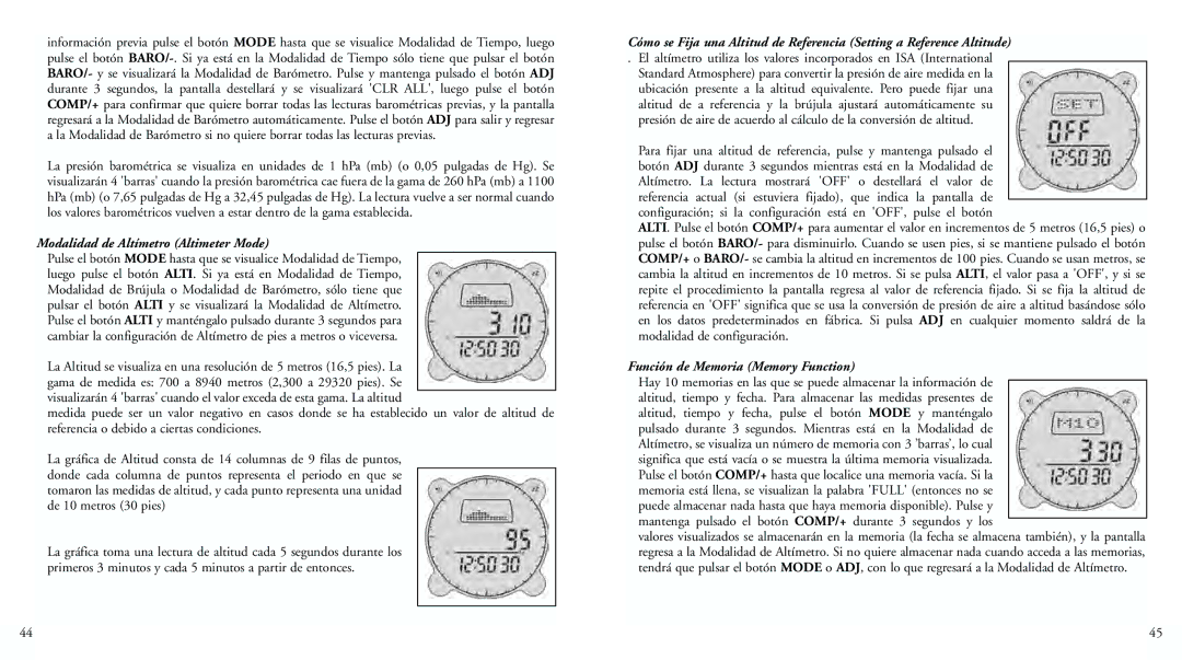 Bushnell 70-0102 instruction manual Modalidad de Altímetro Altimeter Mode, Función de Memoria Memory Function 