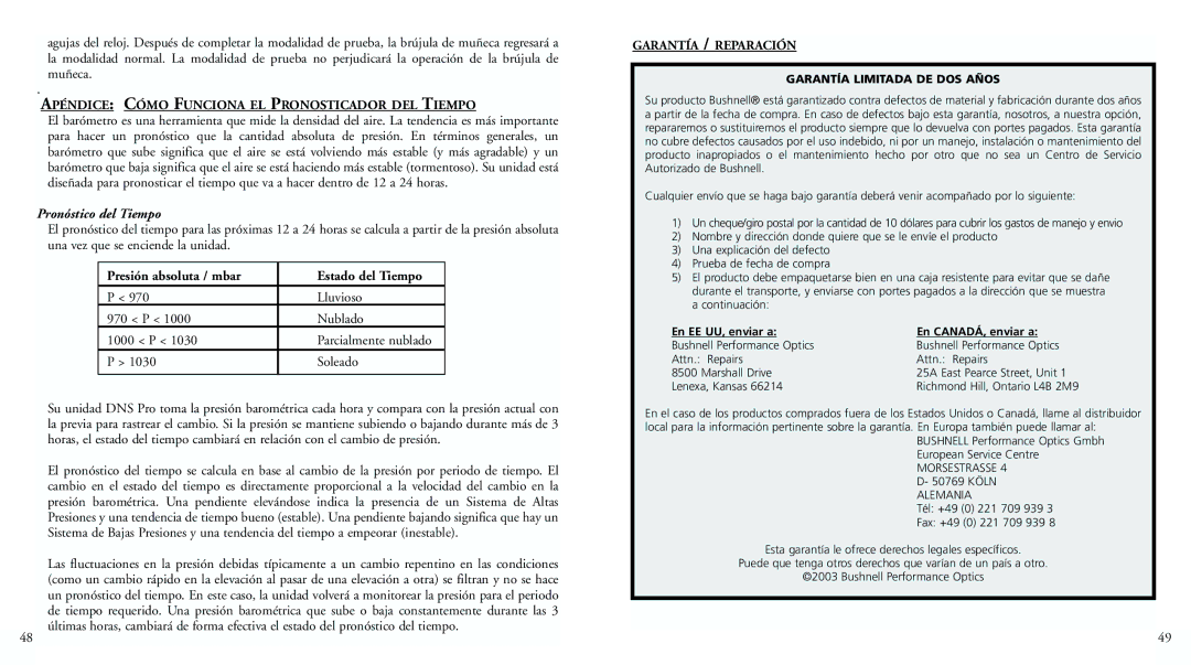 Bushnell 70-0102 Apéndice Cómo Funciona EL Pronosticador DEL Tiempo, Pronóstico del Tiempo, Garantía / Reparación 