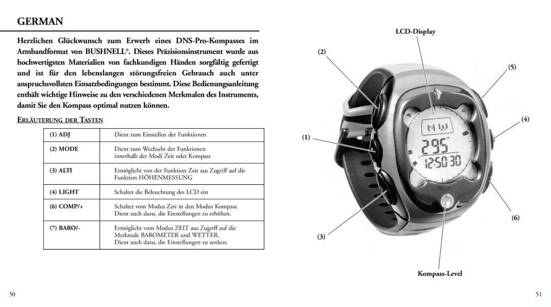 Bushnell 70-0102 instruction manual German, Erläuterung DER Tasten ADJ 