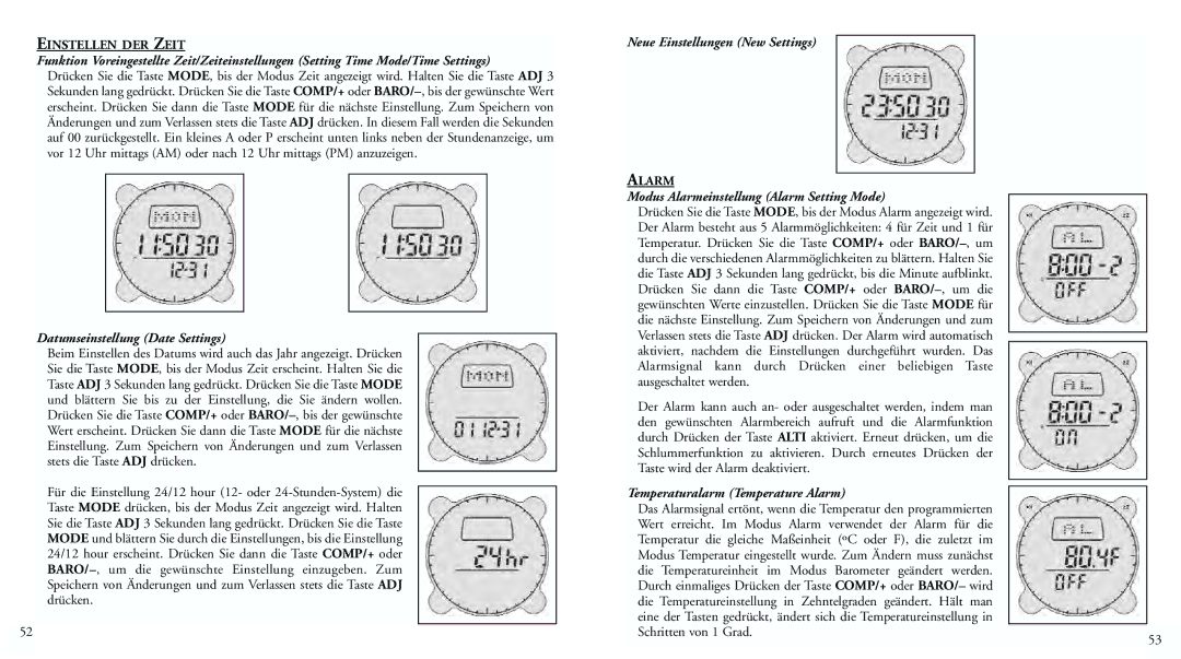 Bushnell 70-0102 instruction manual Einstellen DER Zeit, Datumseinstellung Date Settings, Neue Einstellungen New Settings 