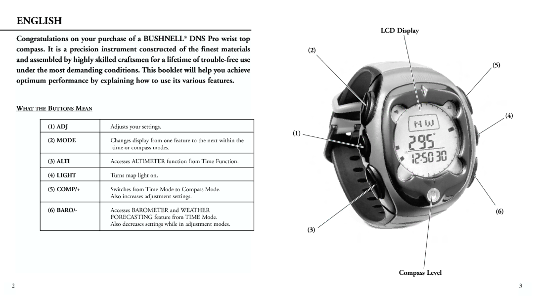 Bushnell 70-0102 instruction manual Adj, Alti, Light, Comp/+, Baro 