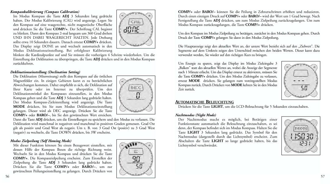 Bushnell 70-0102 instruction manual Kompasskalibrierung Compass Calibration, Deklinationseinstellung Declination Setting 