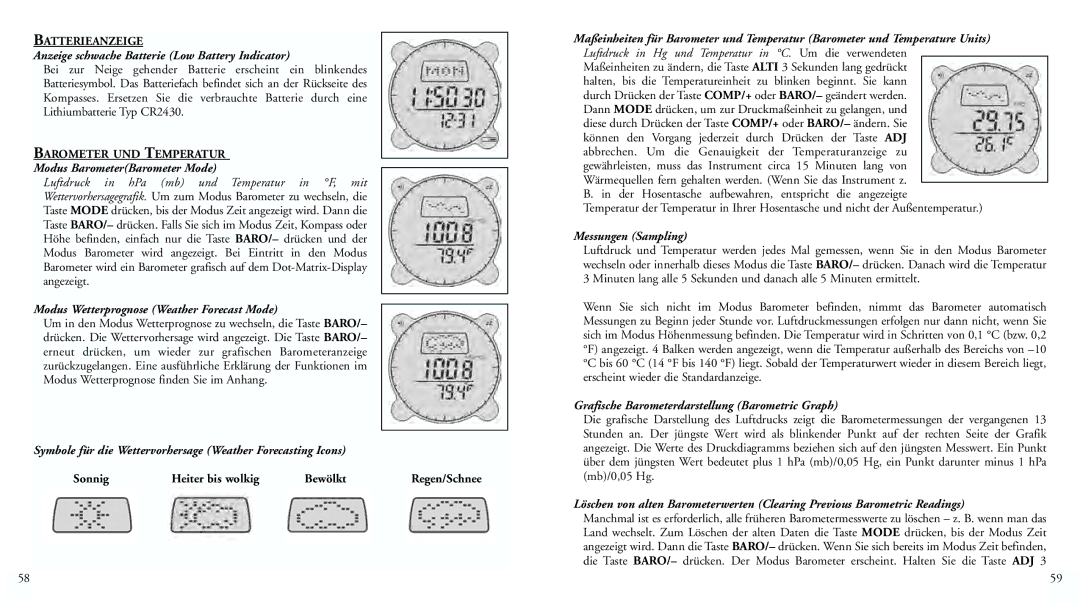 Bushnell 70-0102 Anzeige schwache Batterie Low Battery Indicator, Modus BarometerBarometer Mode, Messungen Sampling 
