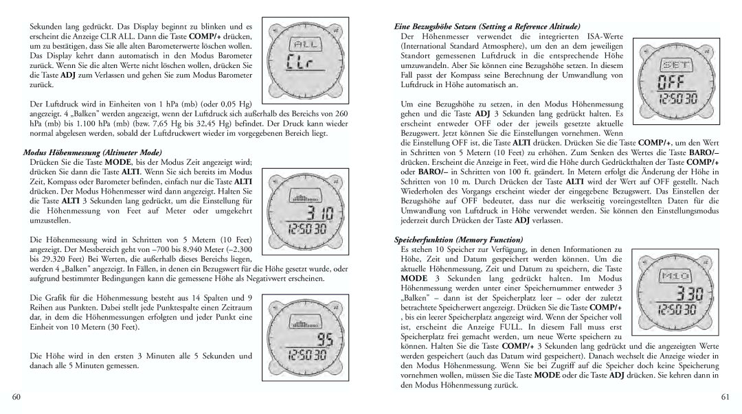 Bushnell 70-0102 instruction manual Modus Höhenmessung Altimeter Mode, Eine Bezugshöhe Setzen Setting a Reference Altitude 