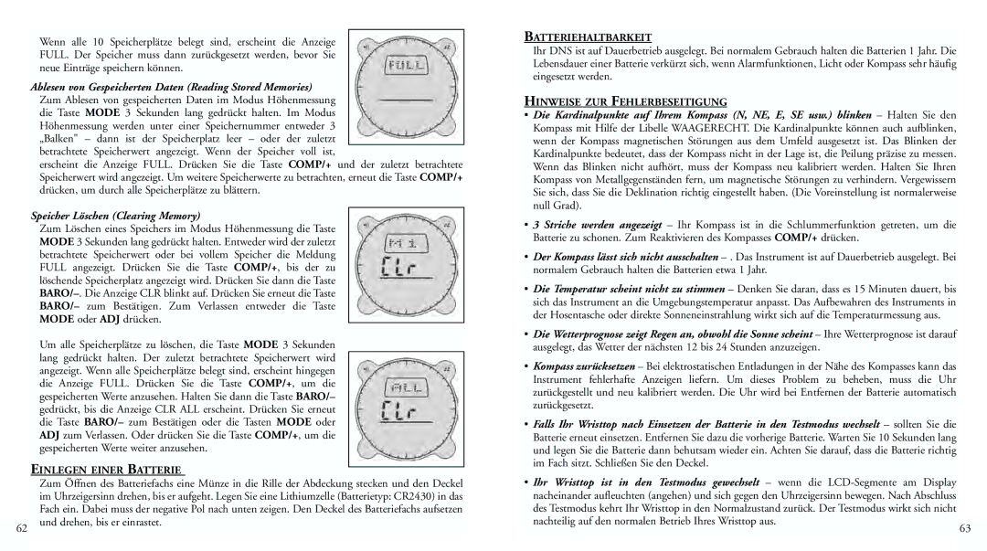 Bushnell 70-0102 instruction manual Speicher Löschen Clearing Memory, Einlegen Einer Batterie Batteriehaltbarkeit 